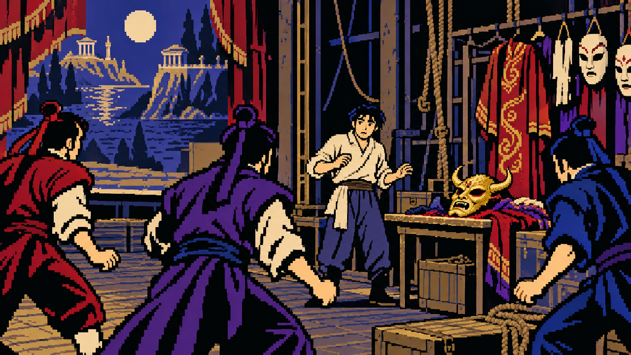 Kusho, Shen e Zed seguindo pistas do Demônio Dourado em pixel art