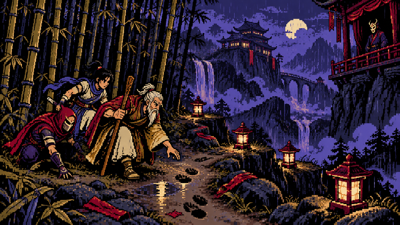 A lenda do Demônio Dourado em uma vila de Ionia em pixel art