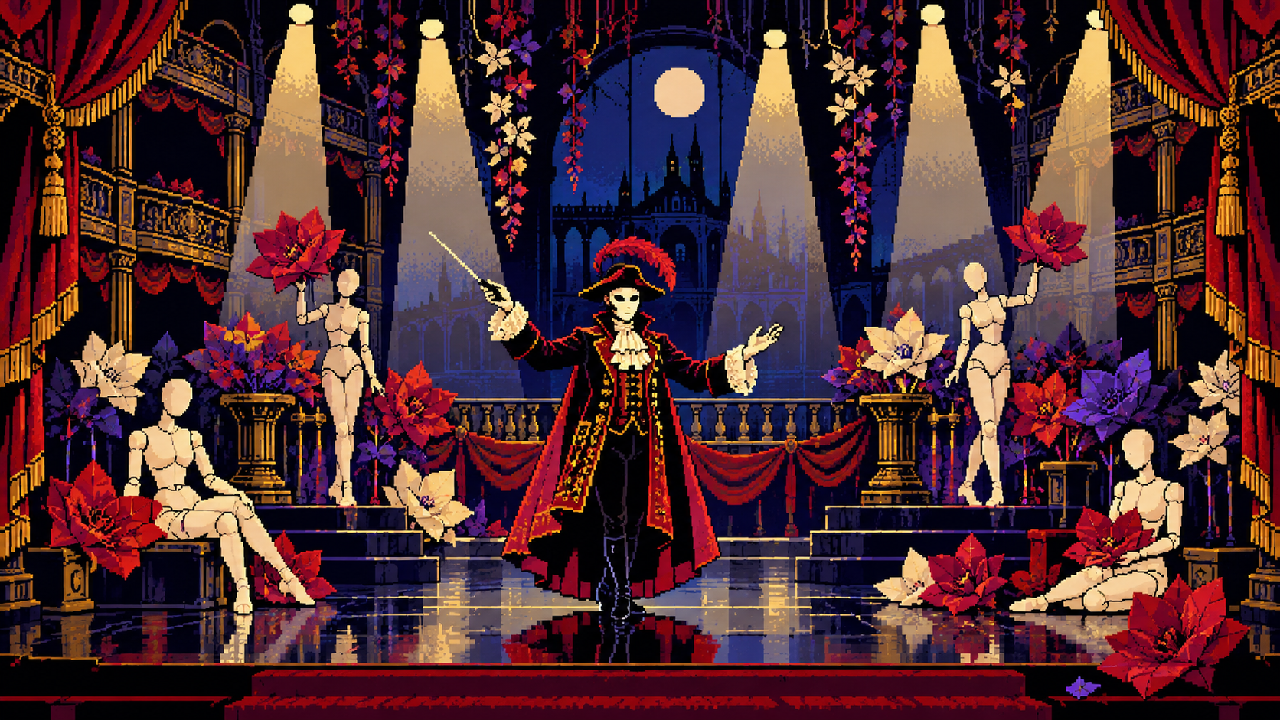 Jhin conduzindo um palco cercado por flores e luzes em pixel art