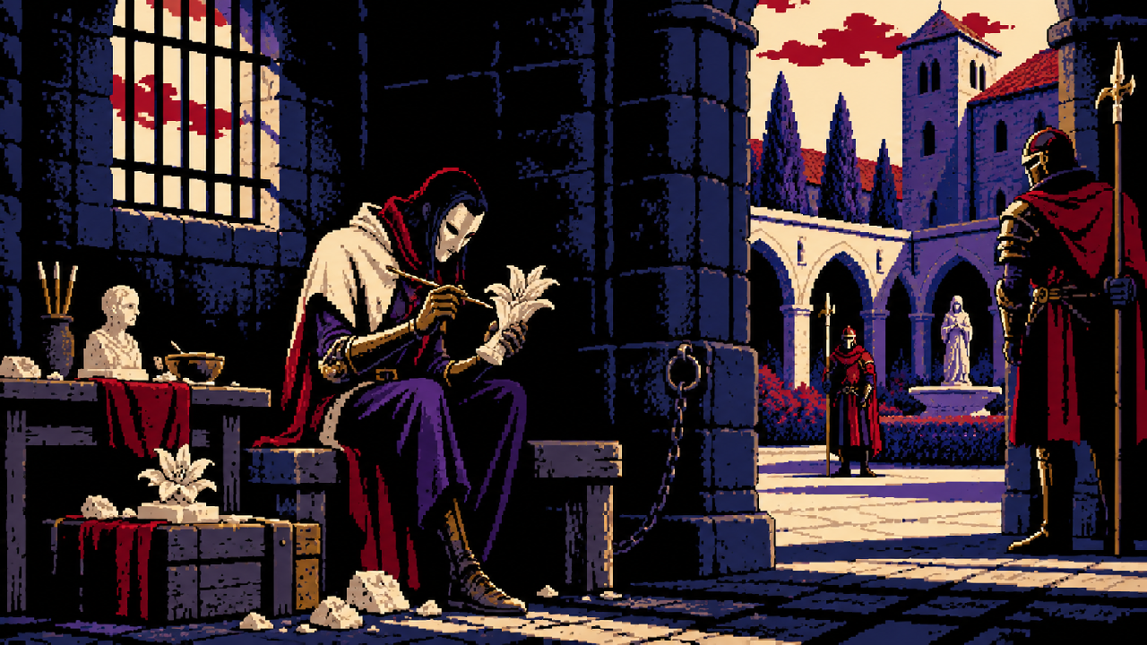 Jhin como um homem comum nos bastidores de um teatro ioniano em pixel art