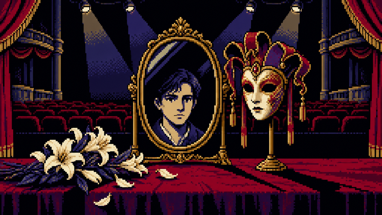 Máscara de Jhin ao lado de um rosto humano refletido no espelho em pixel art