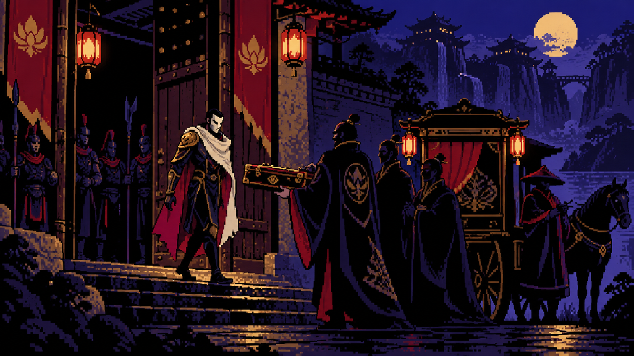 Jhin criando arte na prisão do monastério de Tuula em pixel art
