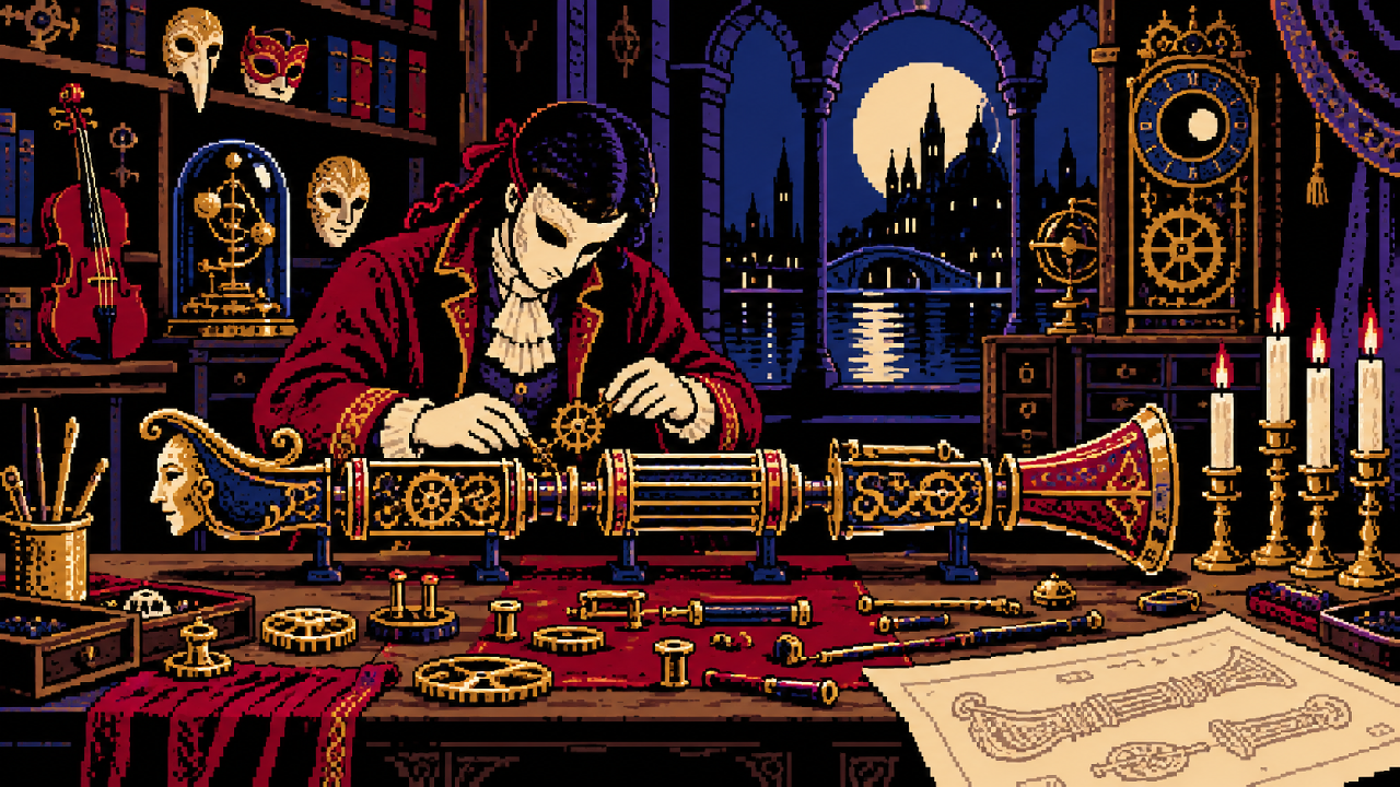 Jhin construindo um mecanismo dividido em quatro partes em pixel art