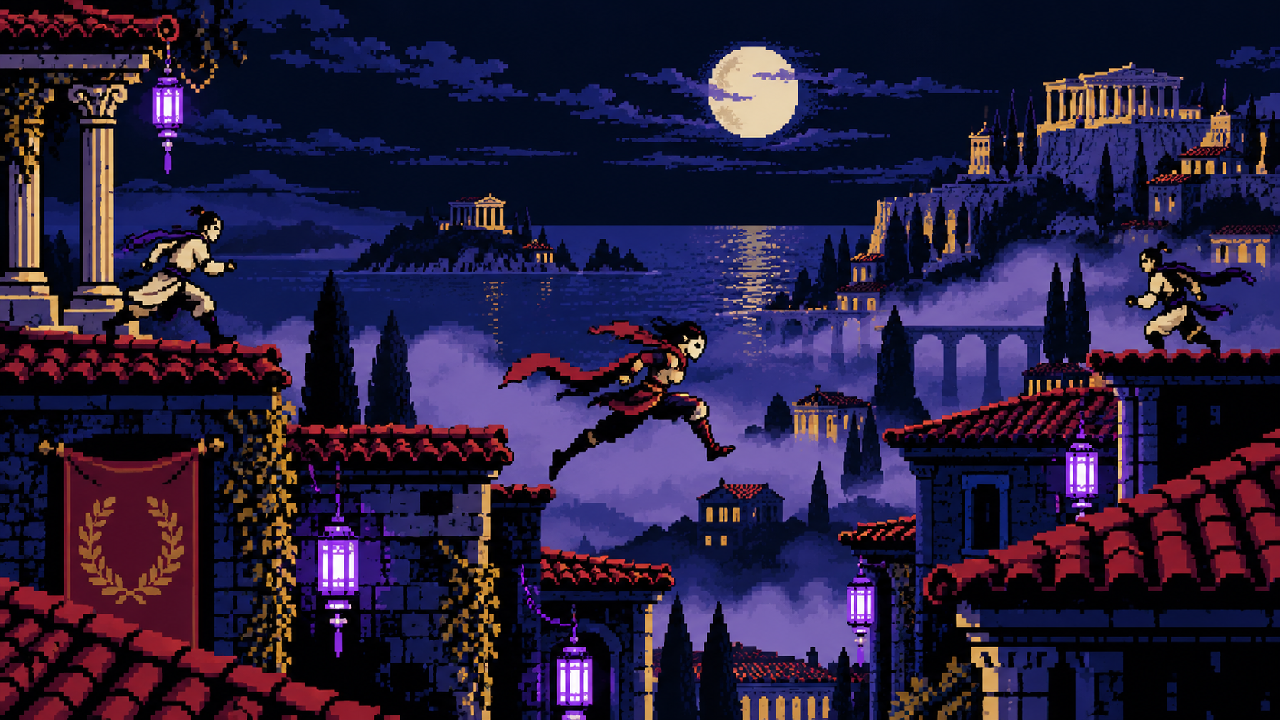 Jhin escapando pelos telhados enquanto Shen e Zed investigam em pixel art