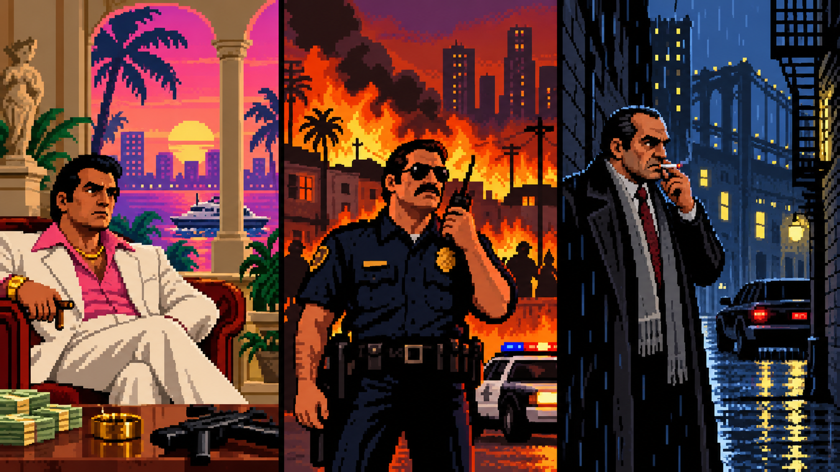 Chefes do crime de Vice City, Los Santos e Liberty City em pixel art