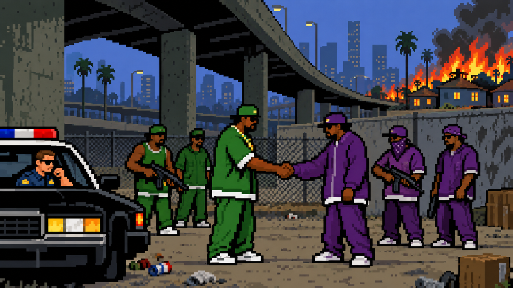 Traição entre gangues de Los Santos em pixel art