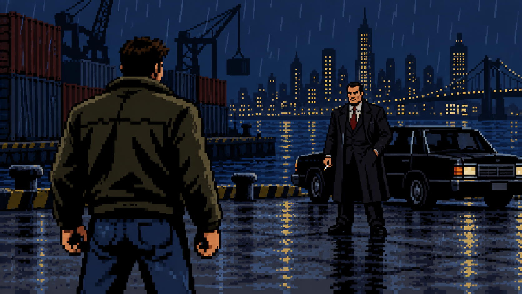 Confronto com um mafioso em Liberty City em pixel art