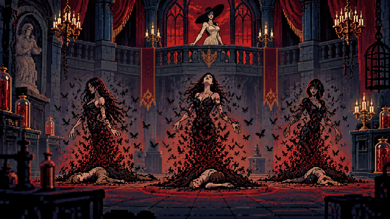 Mãe Miranda e Alcina Dimitrescu em laboratório em pixel art