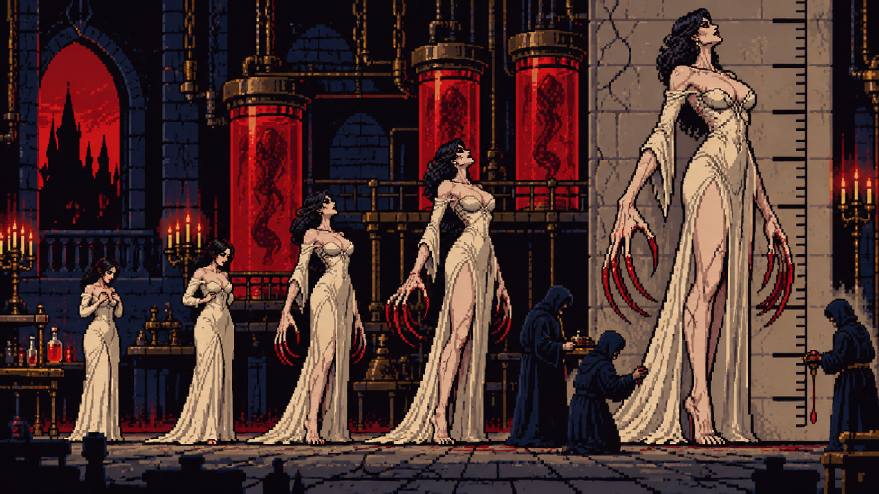 Alcina Dimitrescu crescendo durante a mutação em pixel art