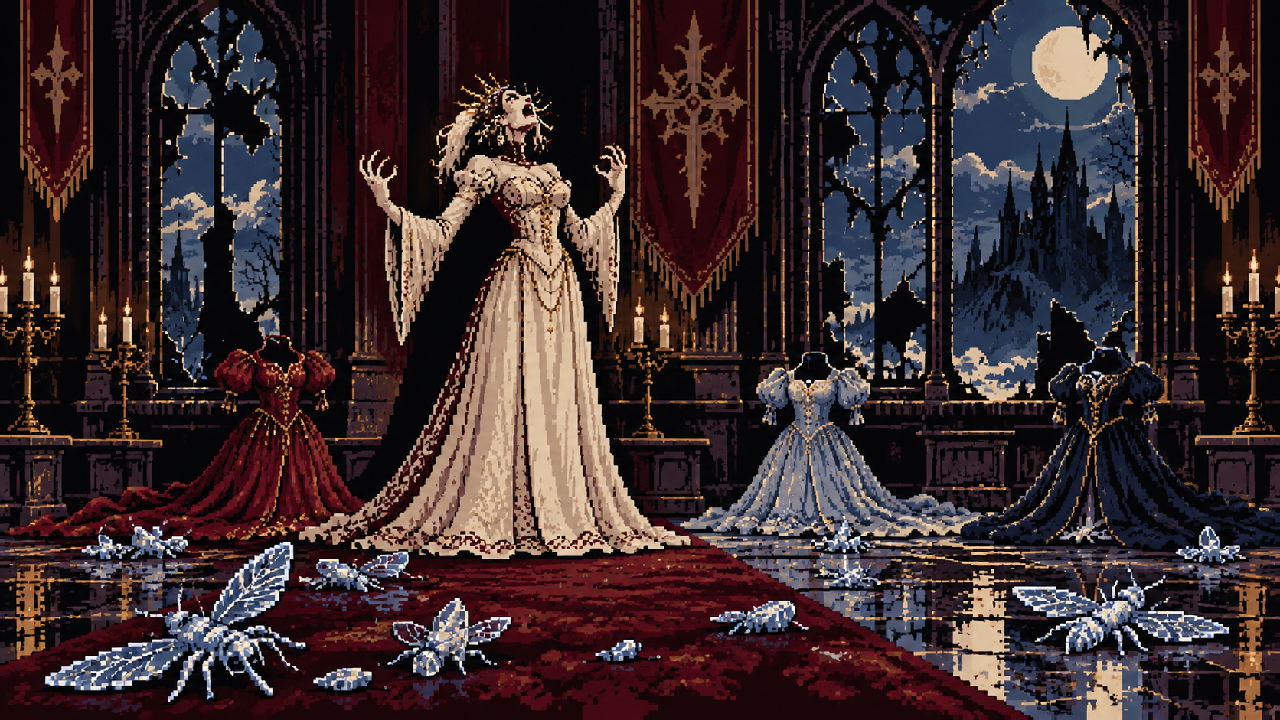 Alcina Dimitrescu enfurecida após perder as filhas em pixel art