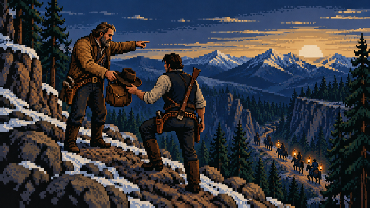 Arthur Morgan entrega o chapéu a John Marston durante a fuga