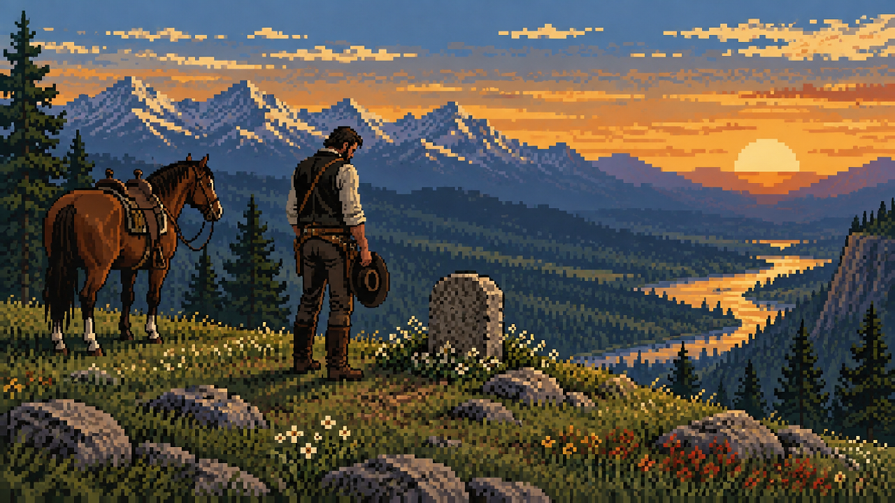 John Marston visita o túmulo de Arthur Morgan em uma montanha