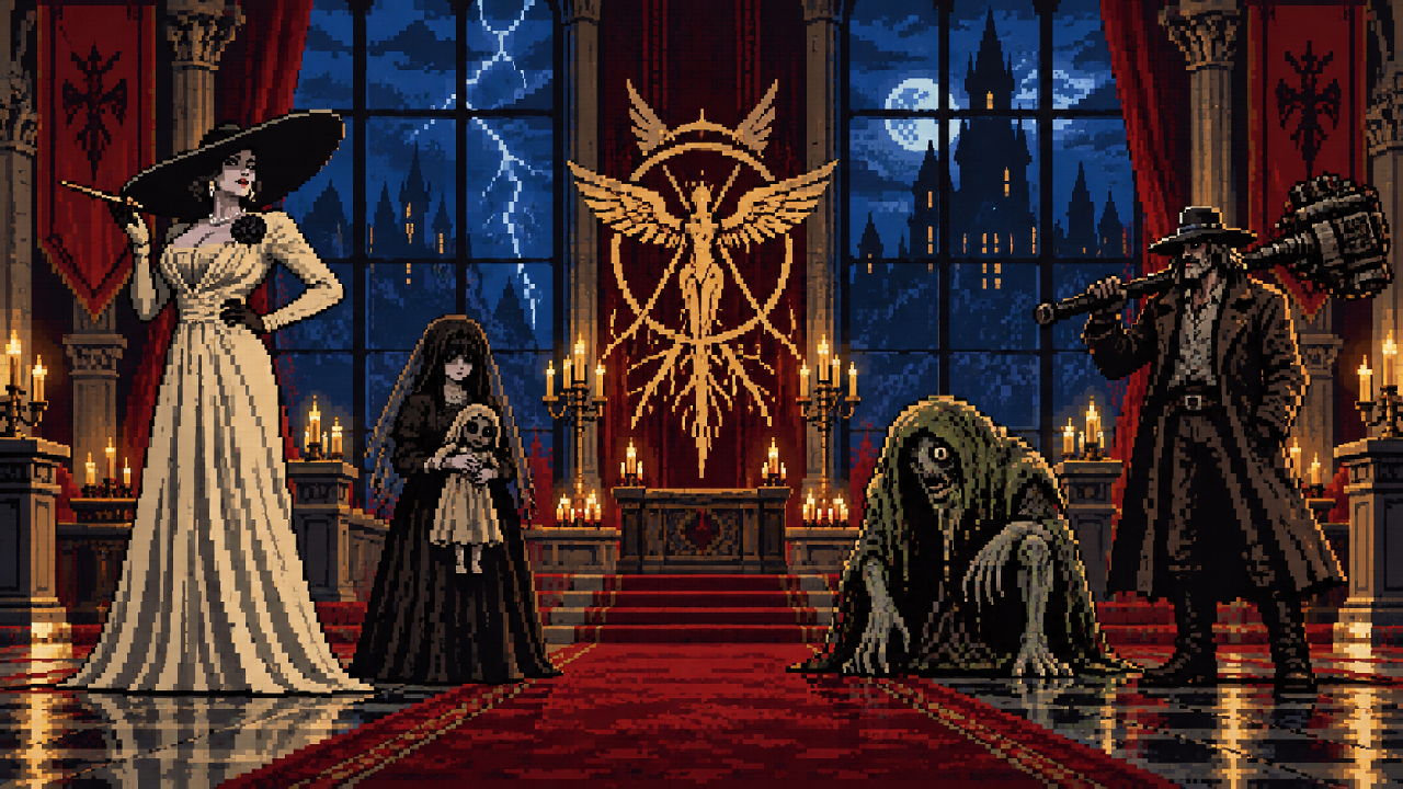 Alcina Dimitrescu em sala de jantar do castelo em pixel art