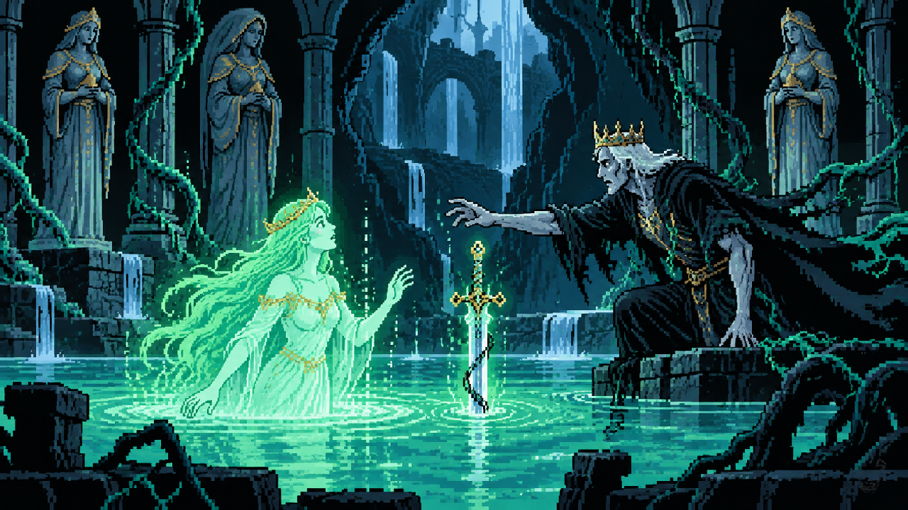 Isolde retornando como espírito diante de Viego nas Águas da Vida em pixel art