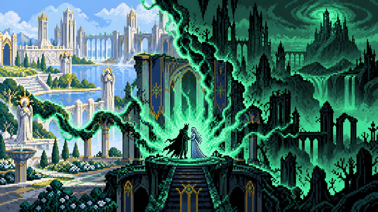 A energia da Ruína transformando as Ilhas Abençoadas em pixel art