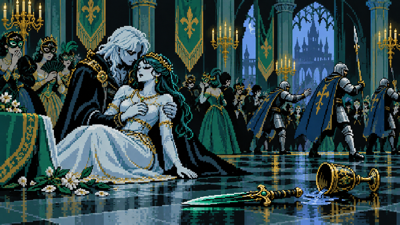 Isolde amparada por Viego após o ataque no palácio em pixel art