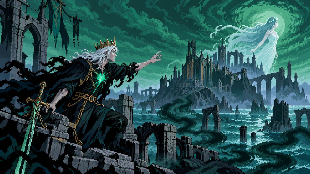 Viego diante das Ilhas das Sombras e do espírito de Isolde em pixel art