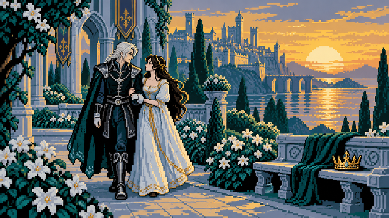 Viego e Isolde em um jardim de Camavor em pixel art
