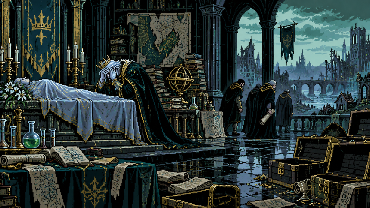 Viego cercado por livros e tesouros enquanto Camavor desmorona em pixel art