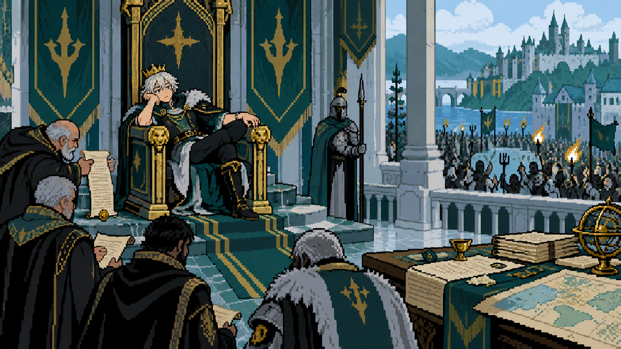 Viego jovem no trono de Camavor em pixel art
