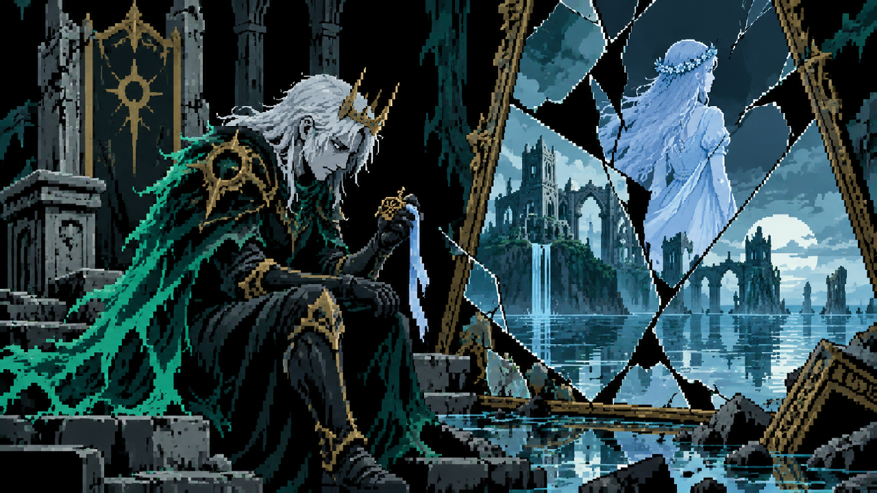 Viego sozinho diante de um trono e de um espelho quebrados em pixel art