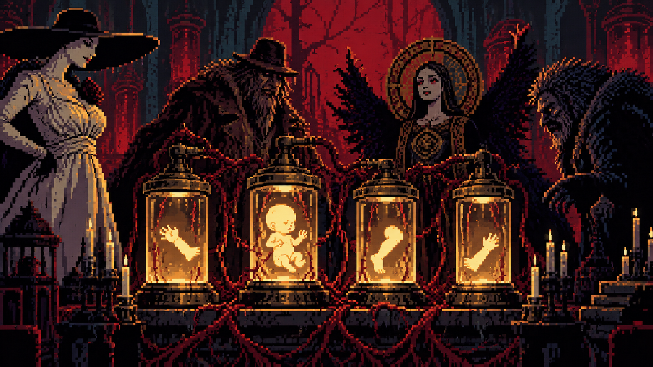 Adega do Castelo Dimitrescu com vinho e taças em pixel art