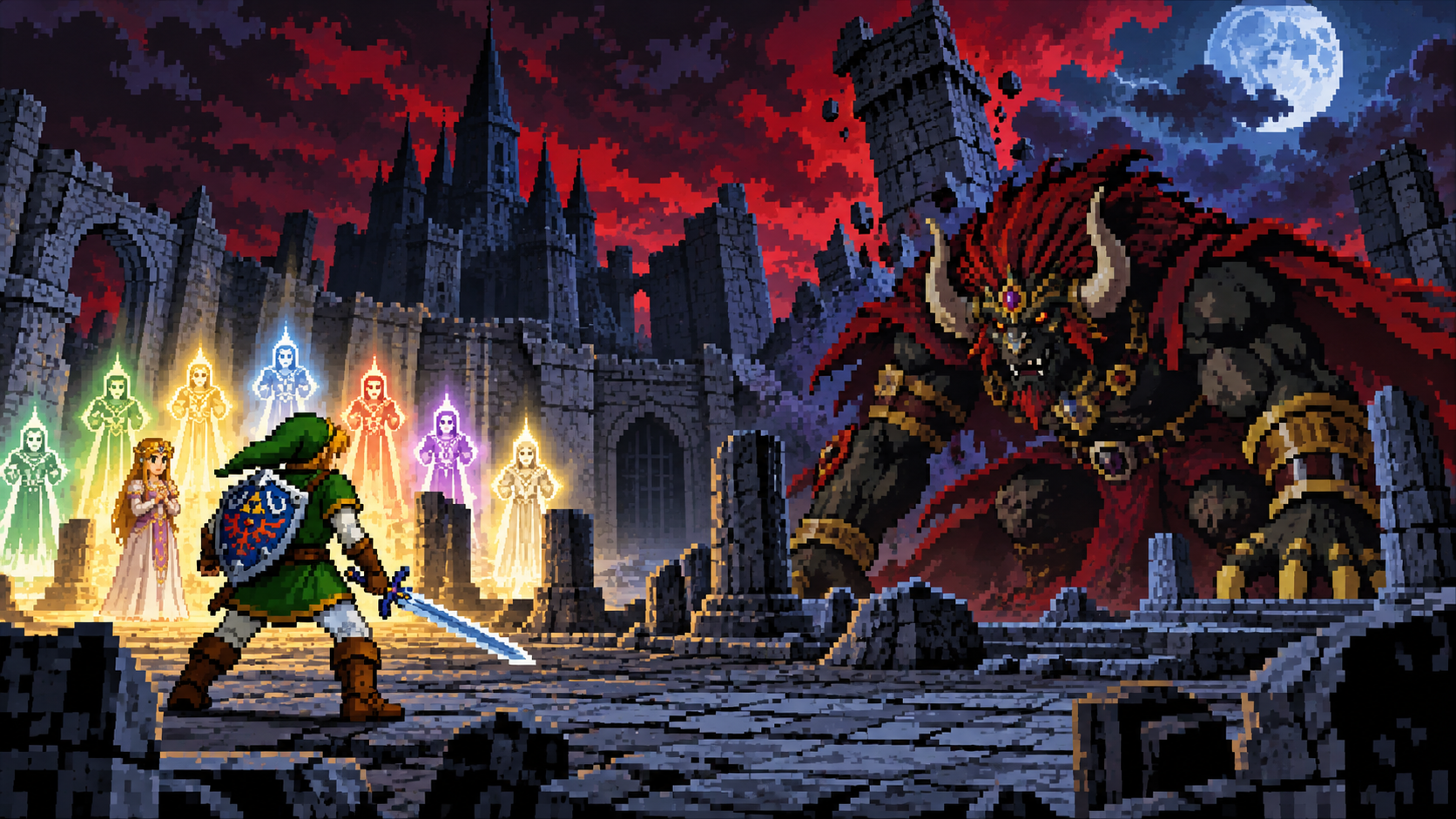Link enfrenta Ganon diante do castelo destruído com Zelda e os sábios ao fundo em pixel art retrô