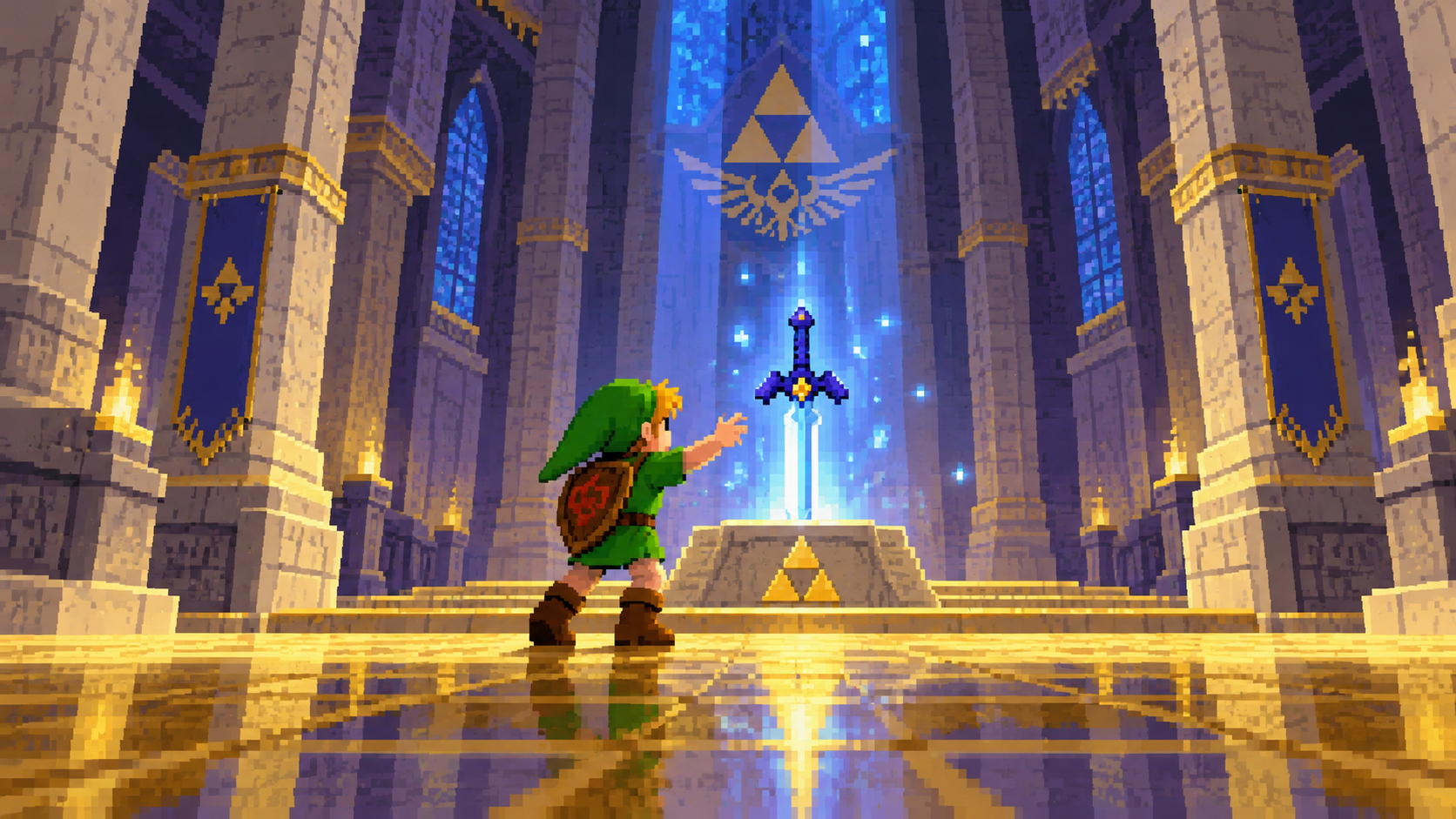 Link criança diante da Master Sword no Templo do Tempo em pixel art retrô