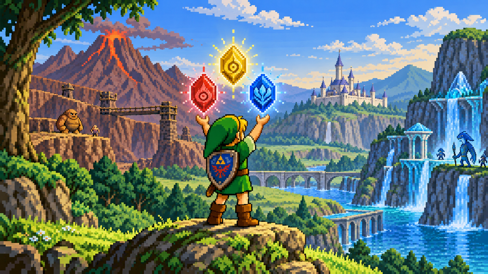 Link criança apresenta as três Pedras Espirituais enquanto Gorons e Zoras aparecem em Hyrule em pixel art retrô