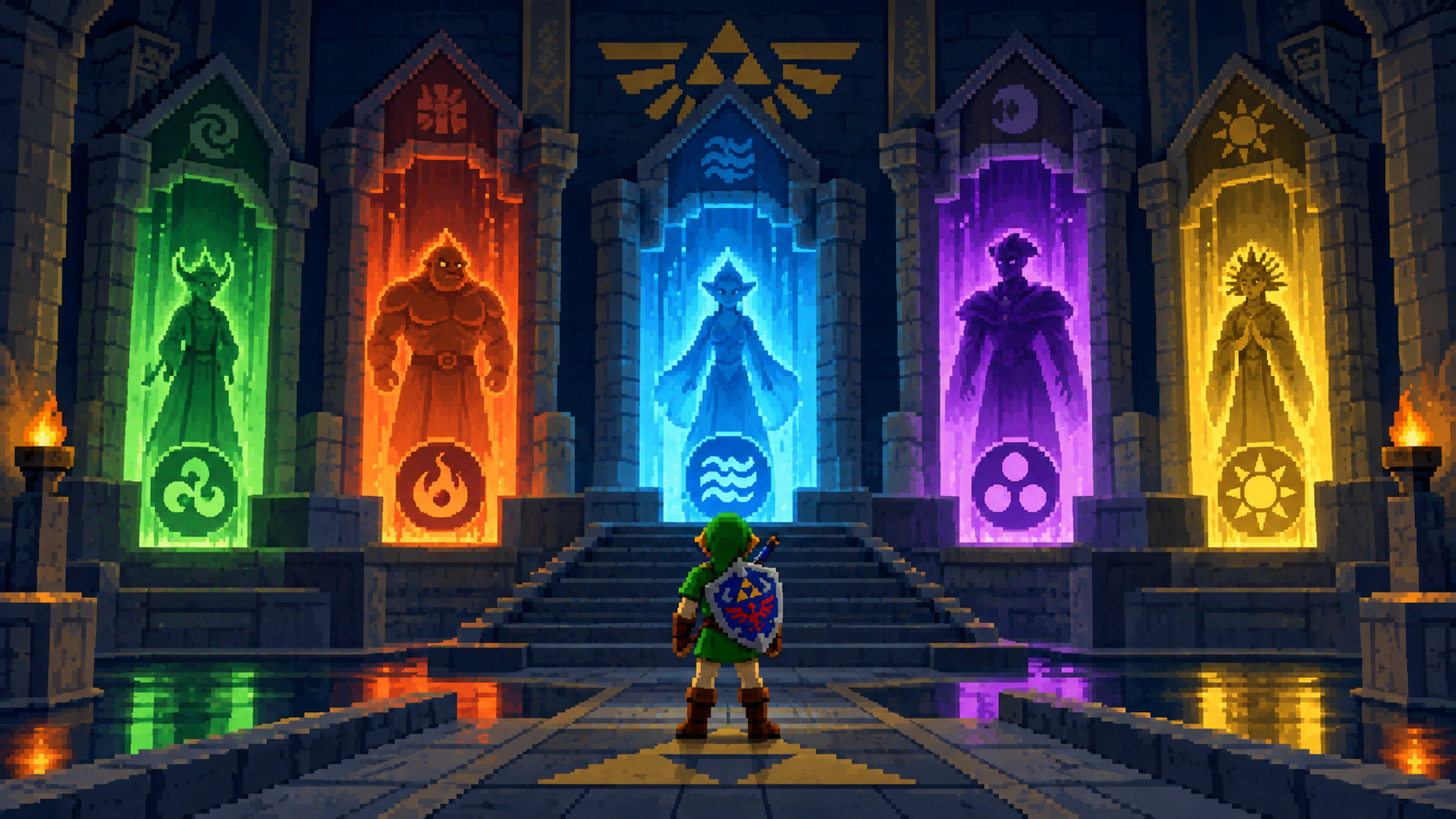 Link adulto diante dos cinco sábios e templos de Hyrule em pixel art retrô