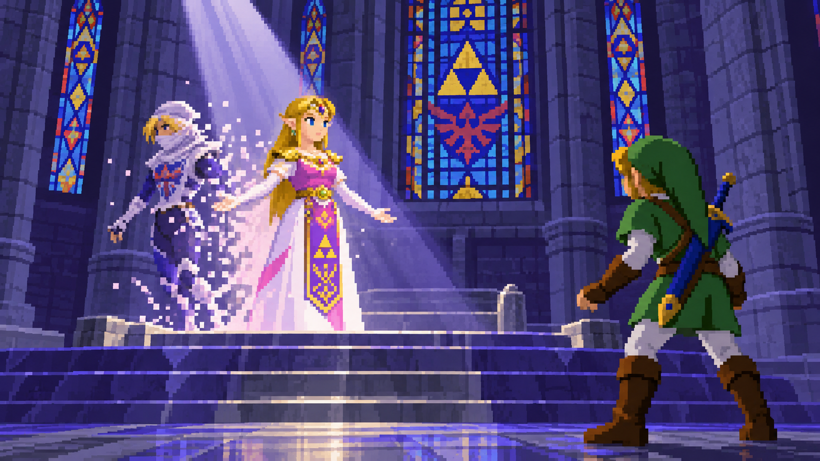 Zelda revelando sua identidade enquanto Sheik desaparece diante de Link em pixel art retrô