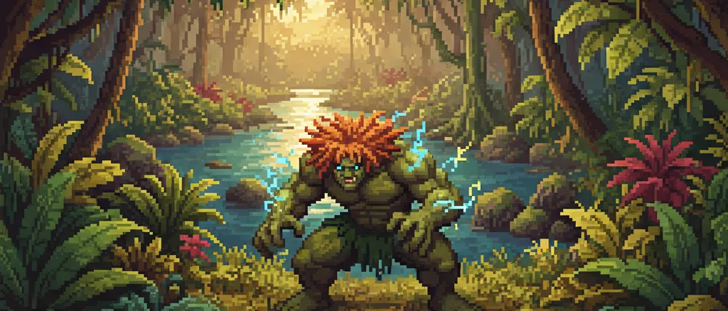 Blanka em posição de ataque na floresta amazônica em estilo pixel art 16-bit