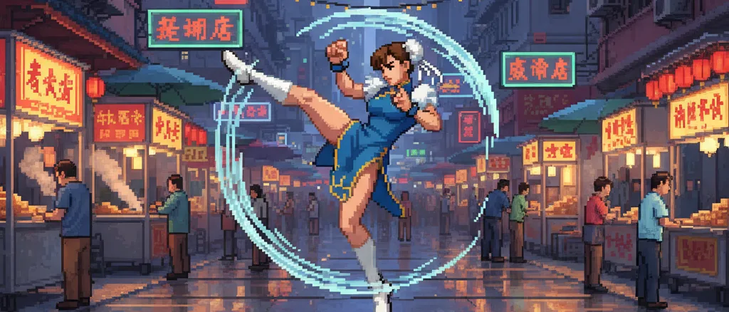 Chun-Li executando o Spinning Bird Kick em cenário de mercado em Hong Kong no estilo 16-bit