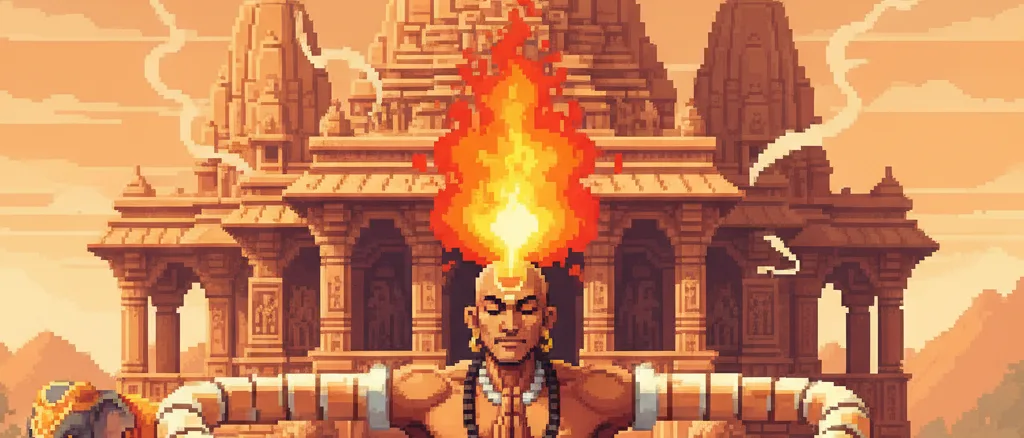 Dhalsim em pose de yoga com templo indiano ao fundo em estilo pixel art 16-bit