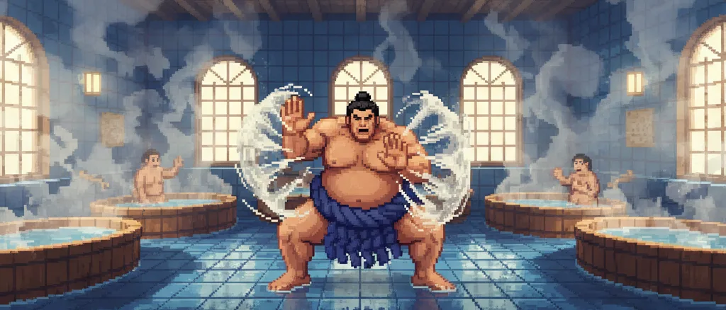 E. Honda executando o Hyakuretsu Harite em banheiro público japonês no estilo pixel art 16-bit