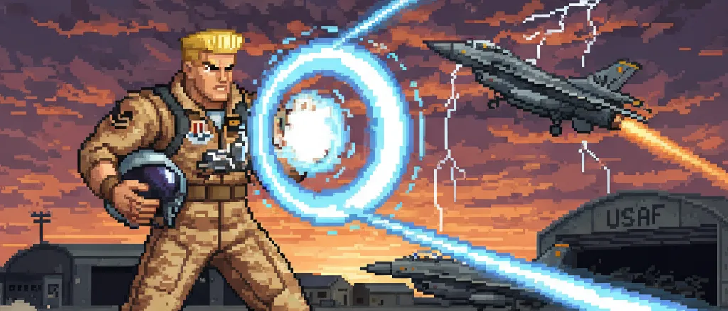 Guile executando o Sonic Boom em base militar americana no estilo pixel art 16-bit