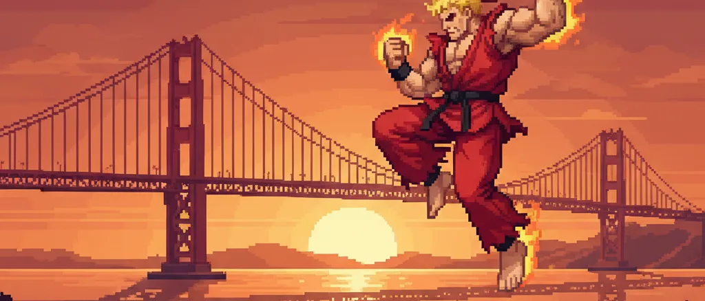 Ken Masters executando o Shoryuken em estilo pixel art 16-bit com Golden Gate ao fundo