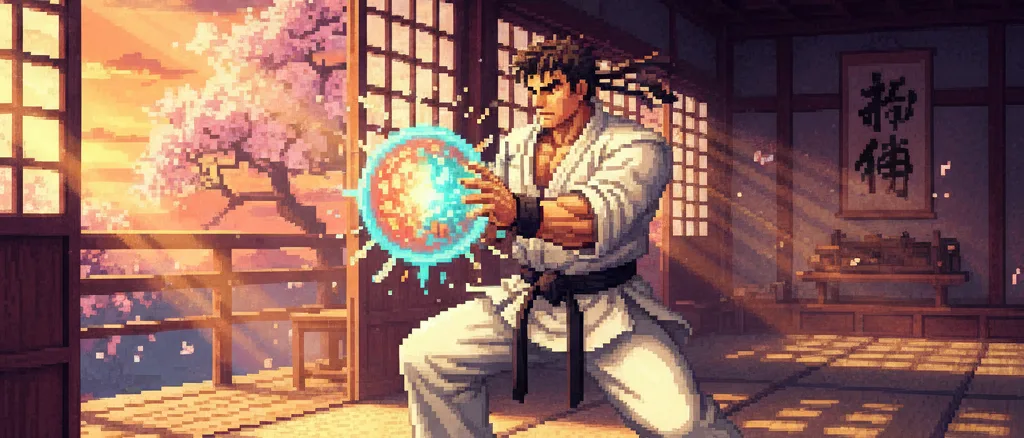 Ryu executando o hadouken em estilo pixel art 16-bit