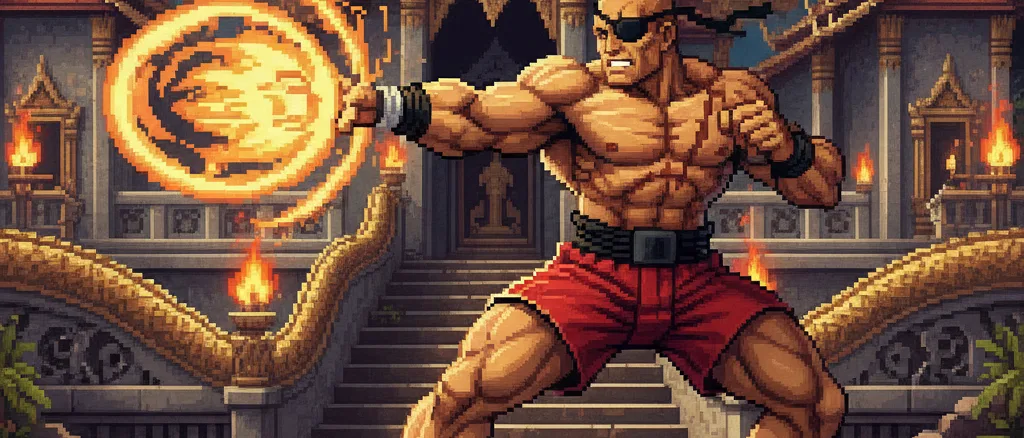 Sagat executando o Tiger Shot em templo tailandês no estilo pixel art 16-bit