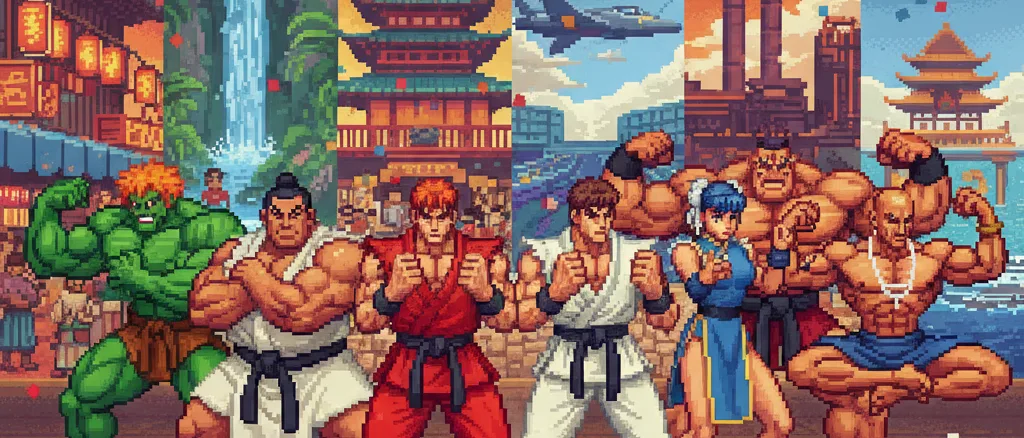 Os 8 lutadores originais de Street Fighter II reunidos em estilo pixel art 16-bit