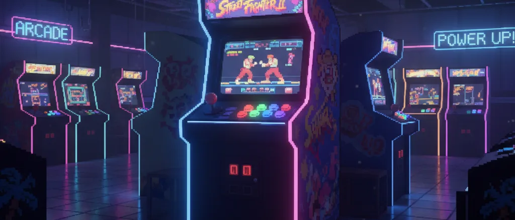 Fliperama clássico com máquina de Street Fighter II iluminada em ambiente retrô