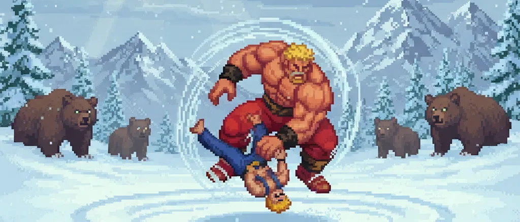 Zangief executando o Spinning Piledriver em paisagem da Sibéria no estilo pixel art 16-bit